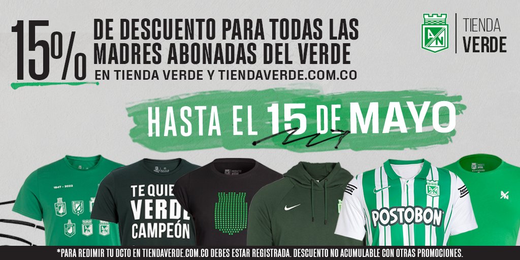 nacionaloficial's tweet photo. ¡Una sorpresa para todas nuestras madres abonadas! 🟢⚪

15% de descuento en todos los productos que no estén en promoción de Tienda Verde física y virtual hasta el 15 de mayo.

Compra en 🛒➡️ https://t.co/nRV3yvIbP1

#VamosVerde 💚 https://t.co/ui7CrViTVZ