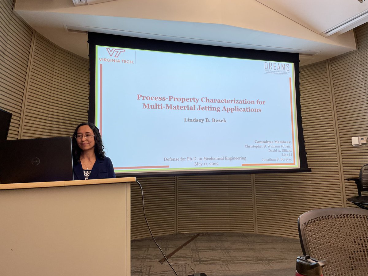 DREAMSLab's tweet photo. Congrats to Dr. Lindsey Bezek on successfully defending her dissertation, “Process-Property Characterization for Multi-#MaterialJetting Applications”. Lindsey has worked in our lab since her sophomore year (!); her PhD was supported by @ICTASVT & a @NSF GRFP. https://t.co/cpPTexMrOJ