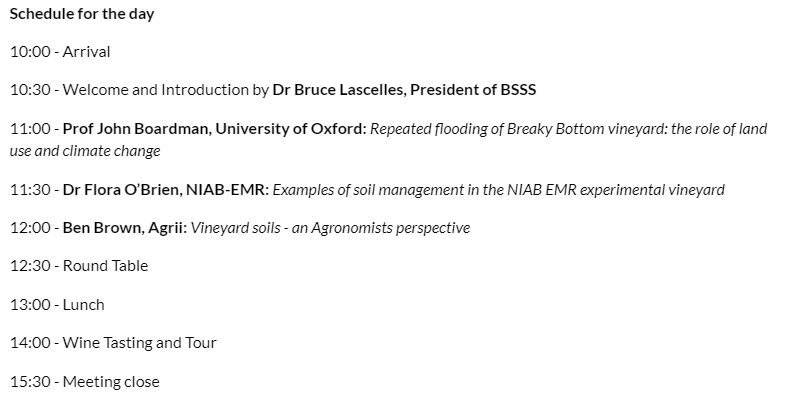 sesoil's tweet photo. Join us for our next meeting 'Climate change and land use in the UK, and the growth of Viticulture' @gusbourne. Speakers include @Soil_Science Bruce Lascelles, John Boardman @UniofOxford, Flora O'Brien @NIABEMR &amp; Ben Brown @AgriiUK https://t.co/wpB6Z2sBQC https://t.co/QU3rfCEmLz
