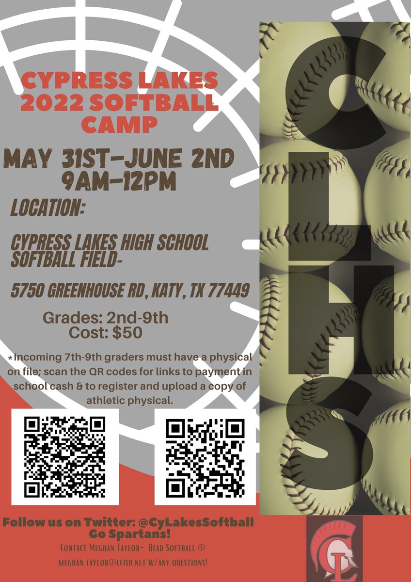 DON'T FORGET TO START SIGNING UP FOR SUMMER CAMP!! We can’t wait to get after it &amp; build the program! #FutureSpartans #SpartanPride🛡🥎<a href="/CFISDCyLakes/">Cy Lakes HS</a> <a href="/ThorntonCFISD/">Thornton MS</a>  <a href="/Watkins_CFISD/">Watkins CFISD</a> <a href="/PatriotsTMS/">Patriot Athletics</a>