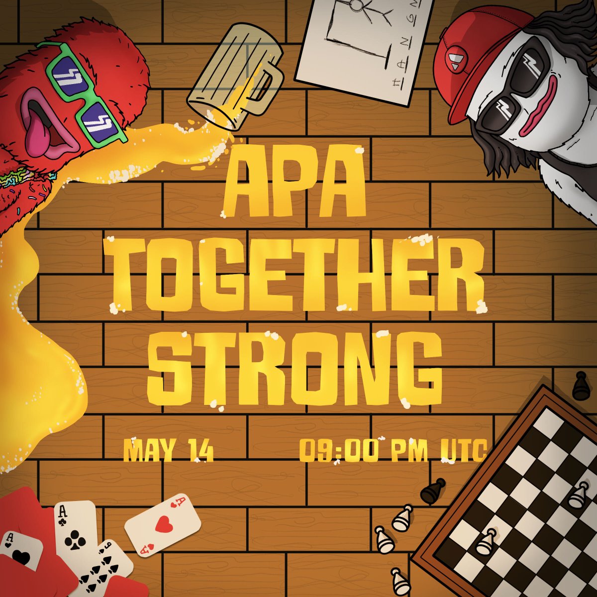 oopa_nft's tweet photo. Dear Party Animals, it's time for our next party!   
We know the market's been rough on everyone, so we're calling this the APA Together Strong Party 🙌🏻

📆 May 14th 
⏰ 9 PM UTC 
📍 APA Discord 

16 $AVAX in prizes to be won 👀
RSVP here: https://t.co/T6MN4eIS8V https://t.co/ENMnxnyQUG