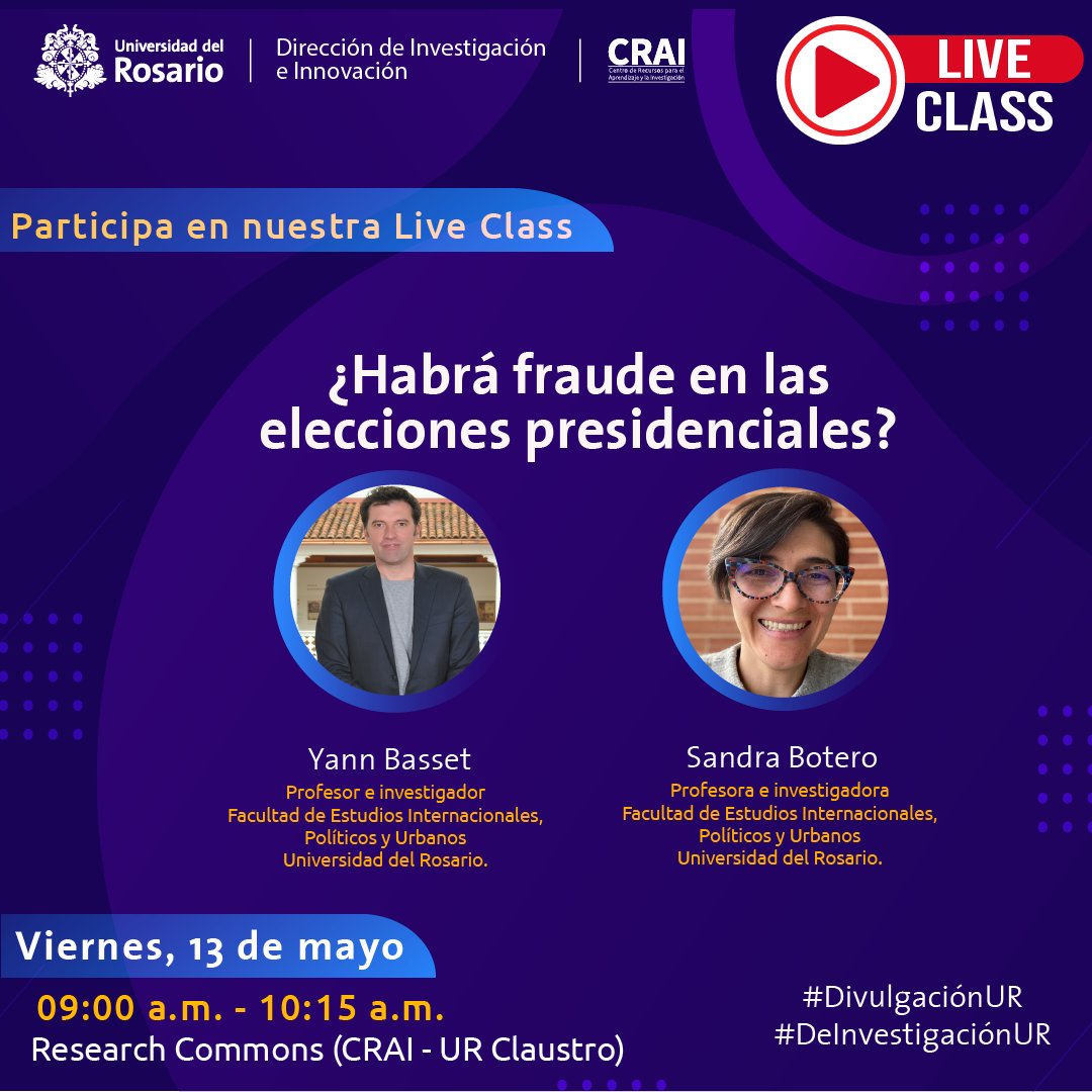 PoliticaUR's tweet photo. ¿Te interesa la coyuntura electoral en Colombia? 🇨🇴
No te pierdas mañana esta clase a cargo de nuestros profesores @sboteroc y @yannbasset, que se llevará a cabo en el #ResearchCommons del @CRAIUR, sede Claustro.
*No se requiere inscripción. https://t.co/oMuctJS41Y