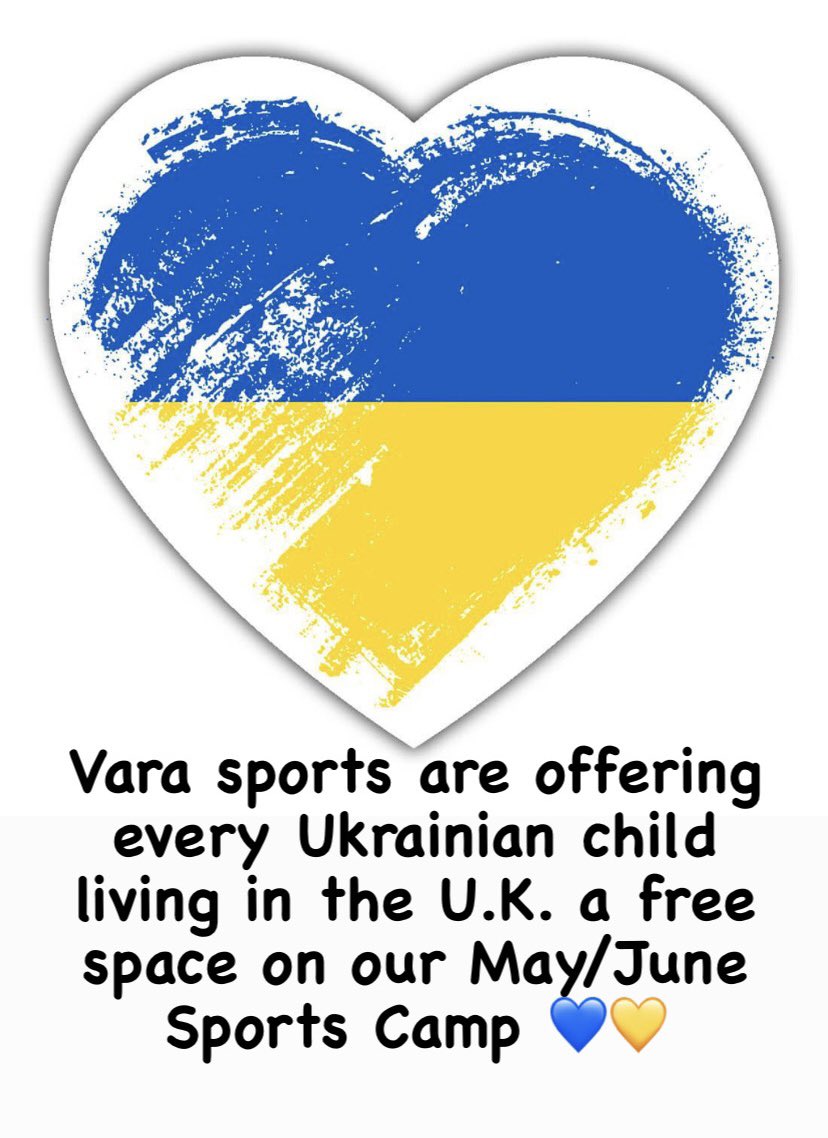 Vara Sports are delighted to announce that we will be offering every #Ukrainian child, aged 4-11 a FREE day at our May/June #sports #camps. We hope this will give every child a chance to make new friends, learn English and be happy 💛💙

#ellesmereport #chester