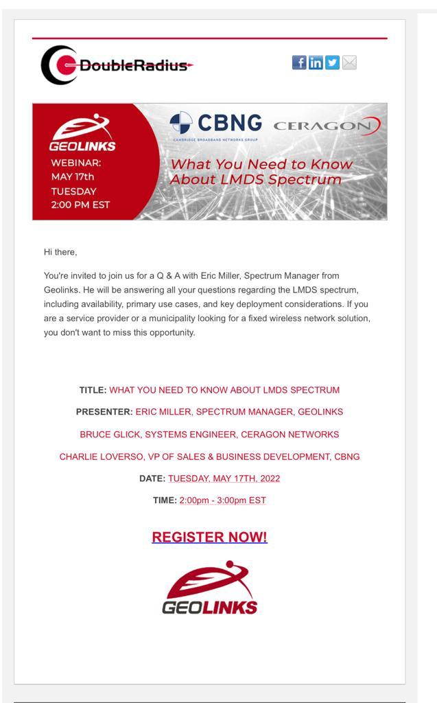 CBNGTeam's tweet photo. Join us Tuesday 17th May for the Geolinks Webinar Event ‘What You Need to Know About LMDS Spectrum’. Eric Miller, Spectrum Manager from Geolinks, will be answering your questions regarding the LMDS spectrum. Register now below:

https://t.co/1dgymh10Kf https://t.co/NORcopV247