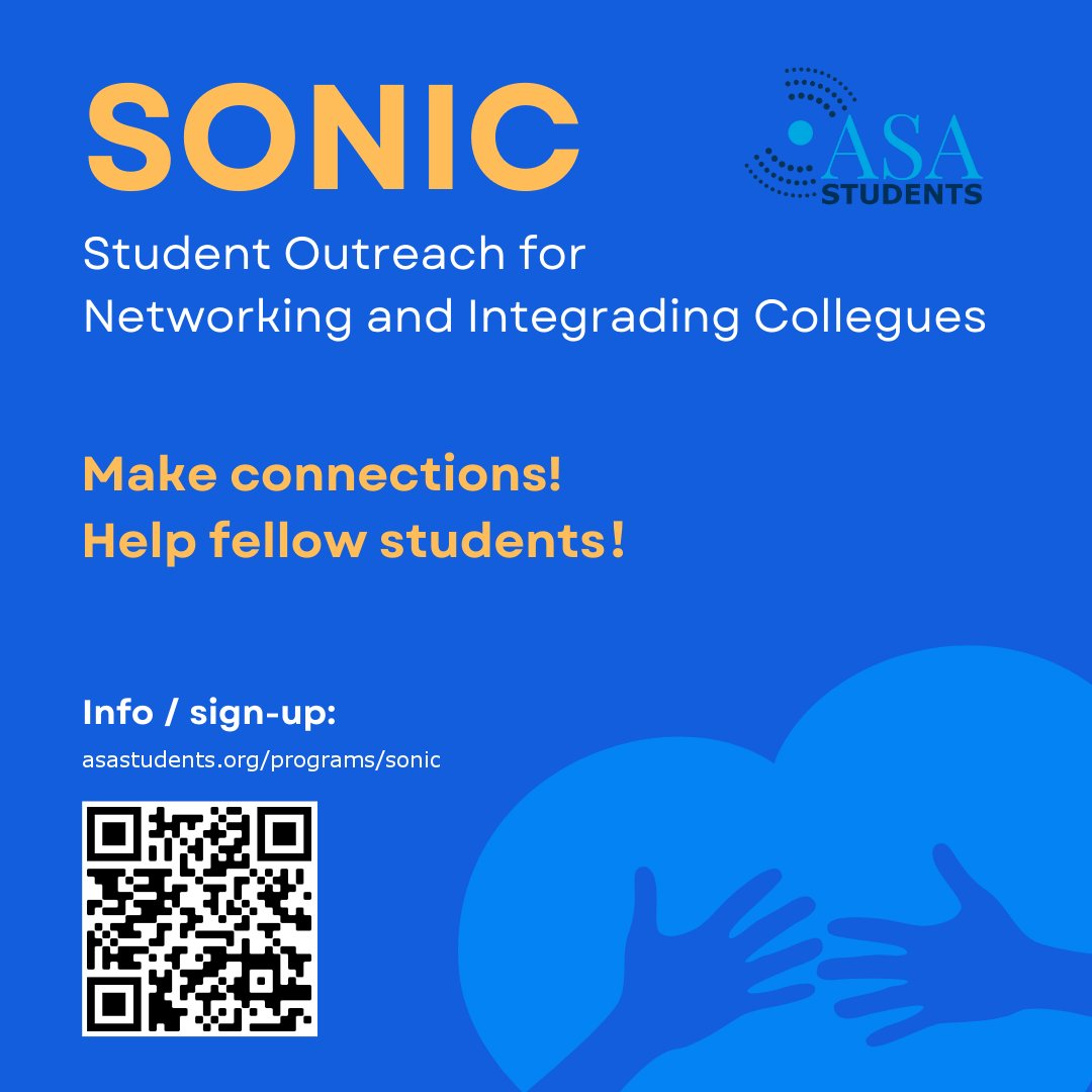 The Student Outreach for Networking and Integrating Colleagues (SONIC) program is a networking opportunity matching new students w/ more experienced students. Ask questions, make connections, and engage with the ASA community! Register now: asastudents.org/programs/sonic/