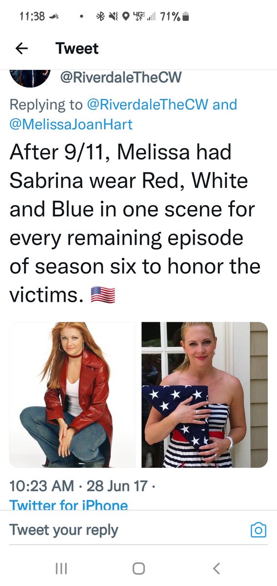 SkylerLea's tweet photo. I am watching Season 6 of #sabrinatheteenagewitch and I kept thinking man she had alot of red, white and blue outfits and accessories. I had to Google it to see if I was just over analyzing the show but, I wasn't. @MelissaJoanHart  you will always be iconic!! https://t.co/jntx2B0acy