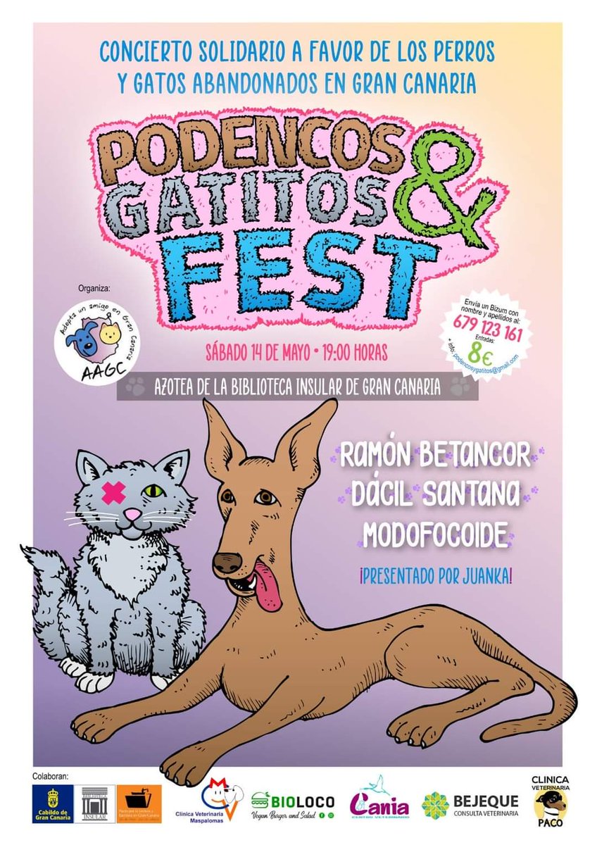 AdoptaunamigoGC's tweet photo. ¿Nos vemos? Concierto benéfico, este sábado, 14 de mayo, en la azotea de la Biblioteca Insular de Gran Canaria.
#Animales
#GranCanaria https://t.co/wphBv6hxzG