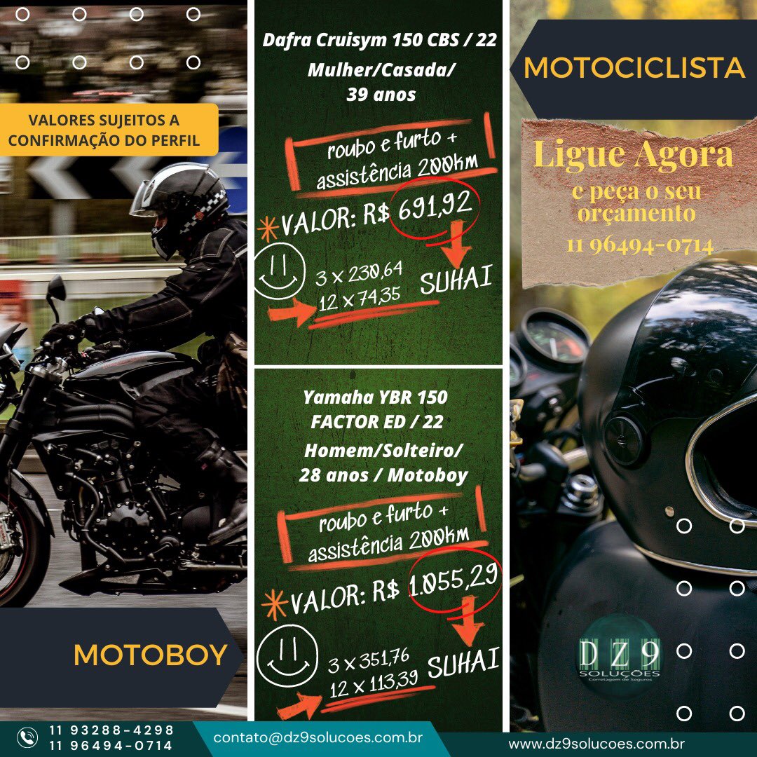 Seu Seguro pelo MELHOR PREÇO!

Ligue e confira. 

<a href="/Dz9Solucoes/">DZ9 SOLUÇÕES - Corretagem em Seguros Ltda</a> - Um jeito novo de fazer seguro.  

#dz9 #dz9solucoes #corretoradigital #seguros #corretoradeseguros #solucoesemseguros #seguromoto #moto