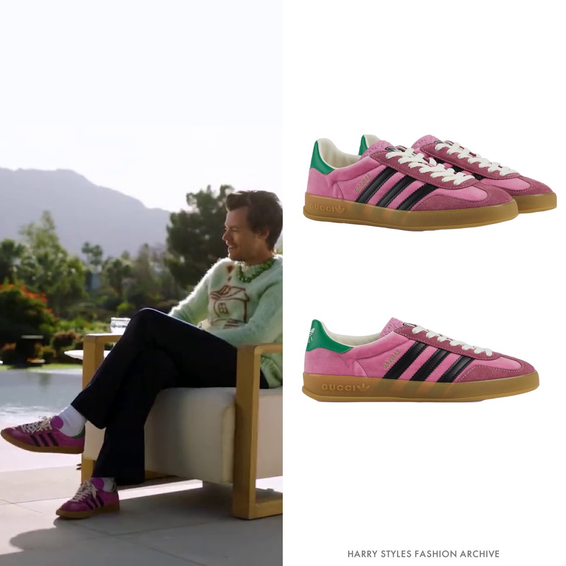 Twitter 上的Harry Styles Fashion Archive："Harry wore pair of @gucci x @ adidas Gazelle sneakers in pink velvet ($850 - coming soon) in his Zane Lowe for Apple Music. https://t.co/yW4iAGLB8r https://t.co/tDjPxOaplo" /