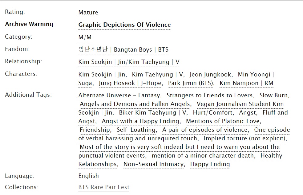 ♠ Selcouth ♠

- Taejin 
- 32,2k
- Rating M
- Strangers to friends to lovers, slow burn, fantasy
- Angels, demons and fallen angels
- Fluff, hurt/comfort, angst with happy ending
- For <a href="/btsrarepair/">BTS Rare Pair Fest S2 {Reveals in Pinned}</a>

🔗archiveofourown.org/works/29003256…