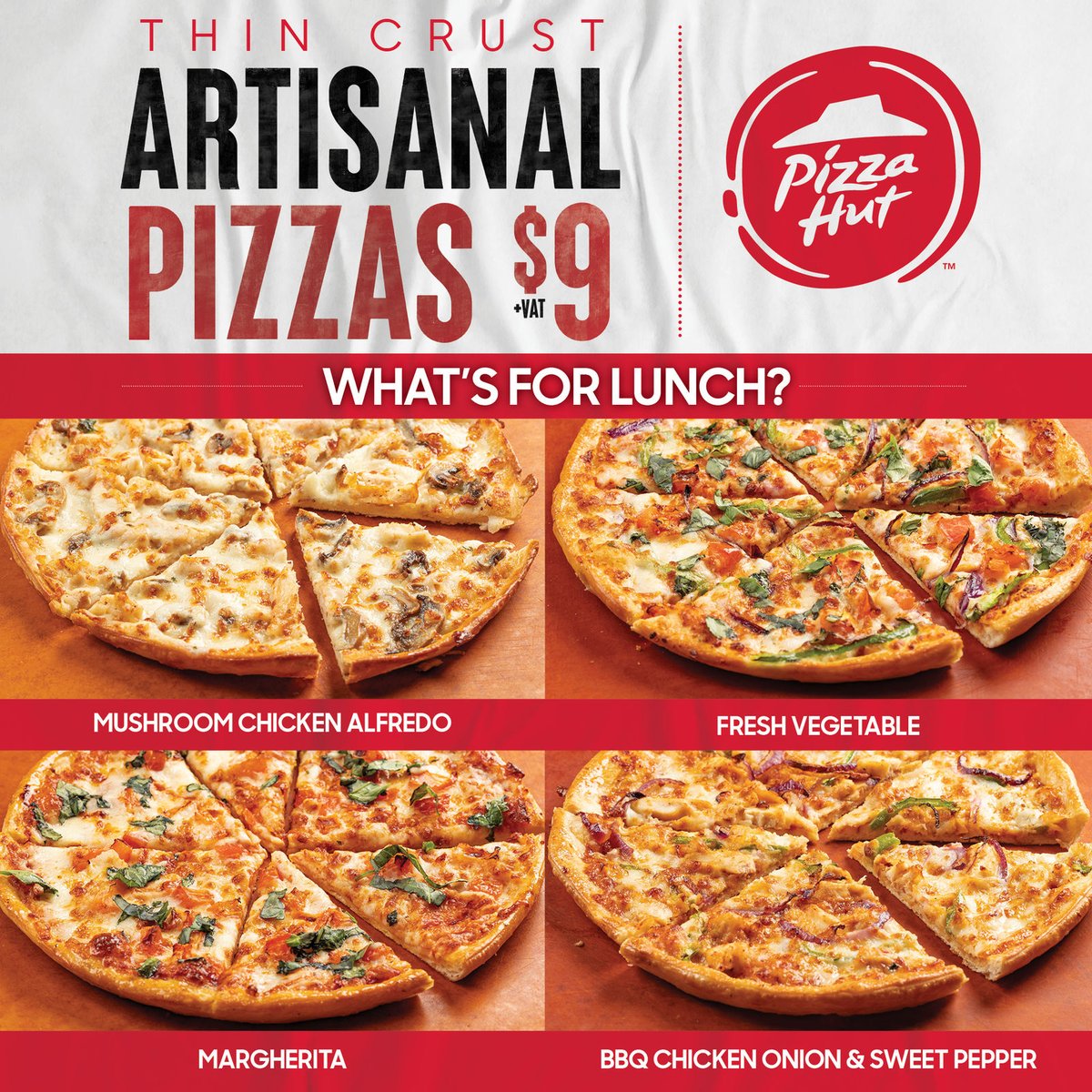 🍕The perfect lunch choice is our Thin Crust Artisanal Pizzas!
.
.
.
#PizzaForLunch #LunchDeal #LunchTime #ArtisanalPizza #ForTheLoveOfPizza #PizzaHutNassau #ThinCrust #PizzaLover #ThinCrustPizza