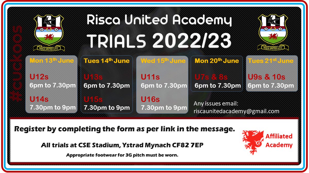RiscaUtdJuniors's tweet image. ⚽️Trials Info⚽️

Please see information below about trials. These are based on age groups for the 2022/23 season. Complete the registration form in the link: forms.office.com/Pages/Response…