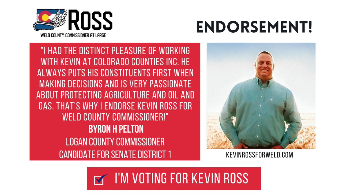 rossforweld's tweet photo. Happy to announce that I've been endorsed by Logan County Commissioner and Senate District 1 Candidate Byron Pelton! Thanks Byron!
#weldcounty #rossforweld https://t.co/lWHgjq9903