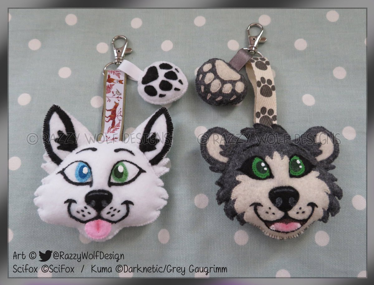 RazzyWolfDesign's tweet photo. These two I can't seem to find a Twitter for. They both have Instas &amp; FAs but I'm unsure how to tag them from here :0

These were a commissioned gift by @BWolfclaw for the wedding of Scifox and Gaugrimm. The paws have magnets inside, so that they can hold paws when close ^u^🐾 https://t.co/OJrGG7Fcvq