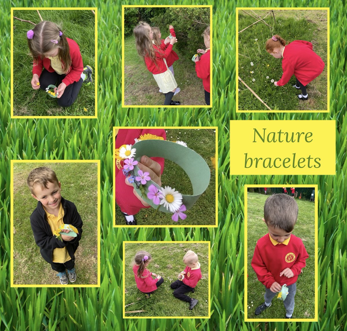 ‘Out and about’ hunting for Spring and Summer flowers today and using them to make beautiful nature bracelets. 🌼🌸🌺 We discussed and compared them to the nature crowns that we made in the Autumn! #sdpsy1 #topic #seasonalchanges #nature #outdoorlearning