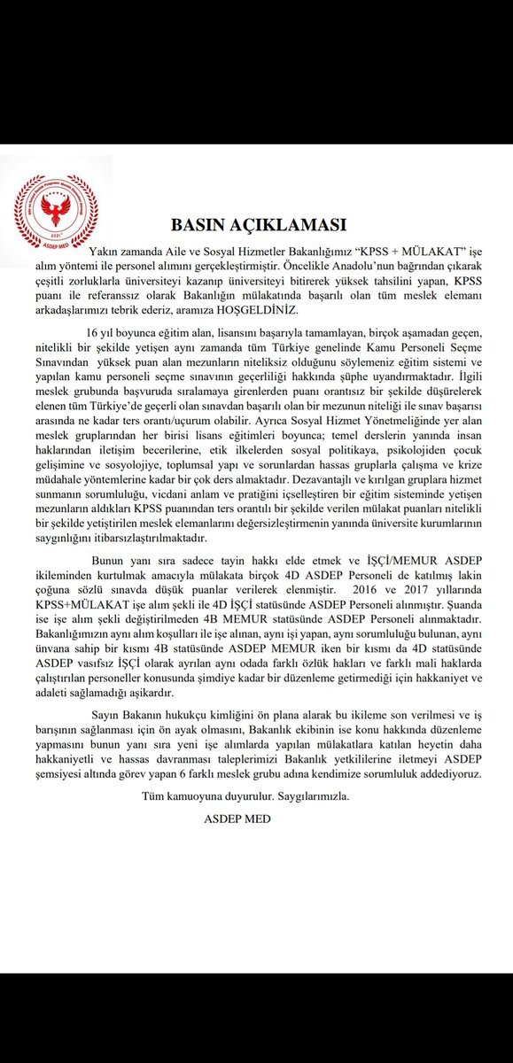 ASDEP personeli alımına ilişkin yaşanan durumla ilgili basın açıklamamızdır. Tüm kamuoyuna duyurulur.
#asdepmed
#asdep
#MulakatHaksızlıgı
<a href="/deryayanikashb/">Derya Yanık</a> <a href="/tcailesosyal/">T.C. Aile ve Sosyal Hizmetler Bakanlığı</a>