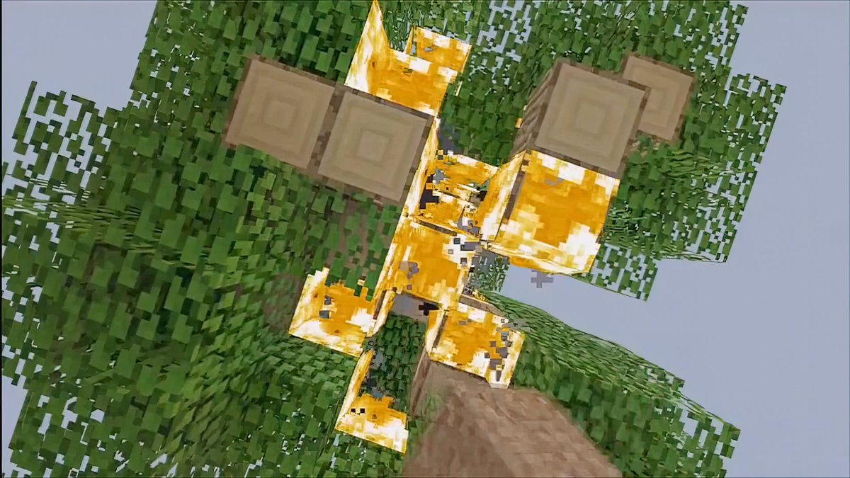 Fire burning a tree in Minecraft.