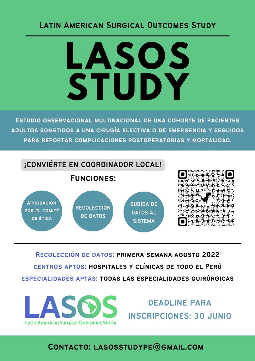 📣Si eres cirujano o residente de cirugía peruano interesado en participar en un estudio de investigación colaborativo, únete al grupo de Perú de LASOS Study🌎.

Escanea el QR para inscribirte o ingresa al link: forms.gle/hAUdSYgzxKUE46….

⚠️Límite de registro: 30 Junio

#JoinLASOS