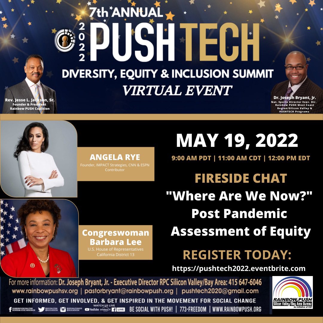 rpcpushtech's tweet photo. 🔥Fireside chat w/ 🎤🎤 | @espn Correspondent | Politics+Culture Commentator | @angela_rye &amp; #EastBay Progressive Dem| @ProChoiceCaucus| Co-Chair @RepBarbaraLee  “Where Are We Now ?”Post Pandemic Assessment of Equity. 🫵Register 4 #PUSHTech2022  5.19.22 https://t.co/pa6dd7SfJM https://t.co/WmJUDiuyRK