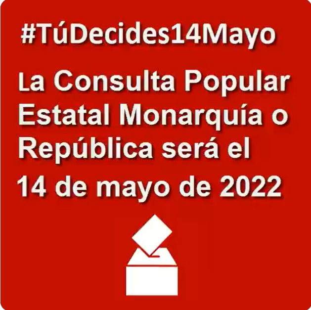 politicahoyayer's tweet photo. #14Mayo2022TuDecides por @consultaestatal 

Este sábado 14 de mayo se celebra en muchas localidades una #ConsultaPopularEstatal sobre #Monarquía o #República

Puedes consultar localidades, horarios y mesas disponibles

▶https://t.co/UTRcZOXWdA

Si puedes difundir, será genial ;) https://t.co/4lcVIjiGsB