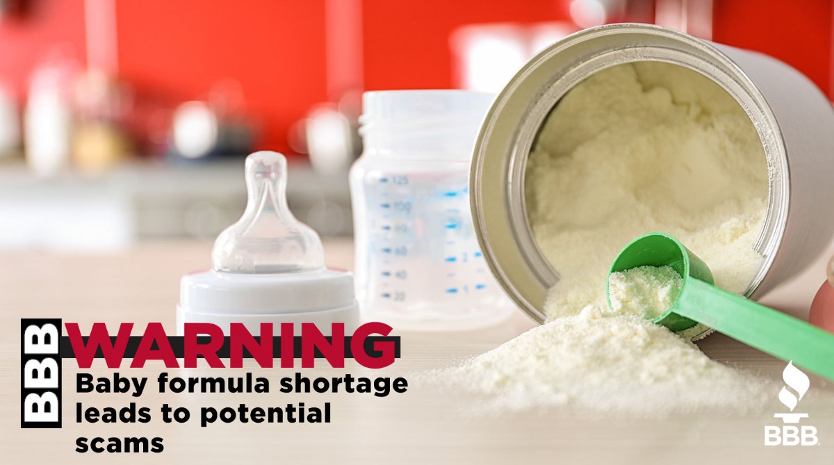 BBBAtlanta's tweet photo. Shortages of baby formula are leading new moms to find inventive ways of getting the much-needed item—and risking themselves to potential online scams. https://t.co/hMYDkIoeAF #BBBWarning #scamalert #babyformula #shortage #baby #infantformula #formulafeeding #babyfeeding https://t.co/RSqyMpUbZ7