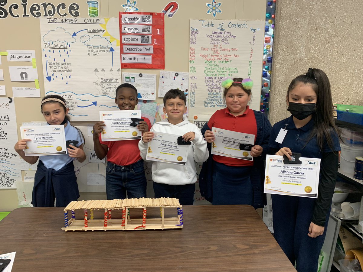 Alief STEM 4th grade Popsicle Bridge competition participants proudly holding up their certificates <a href="/KennedyCougs/">Kennedy Elementary</a> @KennedyScience1.  Way to go Cougs!  <a href="/AliefISD/">Alief ISD</a> <a href="/alliantgroup/">alliantgroup</a> <a href="/aliefstem/">Alief STEM</a> <a href="/UTTylerCOE/">UT Tyler Engineering</a> <a href="/AliefScience/">Alief Science</a> #Aliefleads #Bethechange #Cougslevelup
