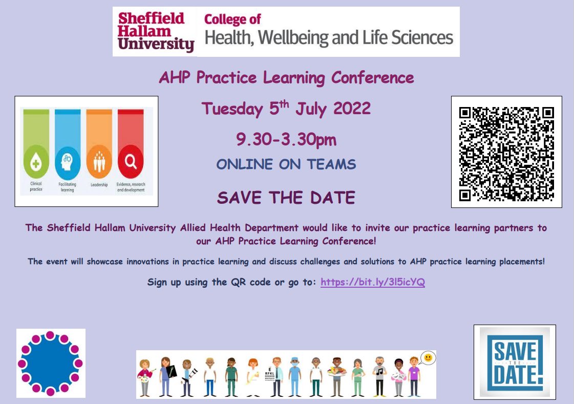 Are you an <a href="/AHP_SHU/">AHP SHU</a> practice learning provider or practice learning educator for SHU AHP students? Come to our our Practice Learning Conference 5.7.22. Use the link or QR code below to book on bit.ly/3l5icYQ Please RT