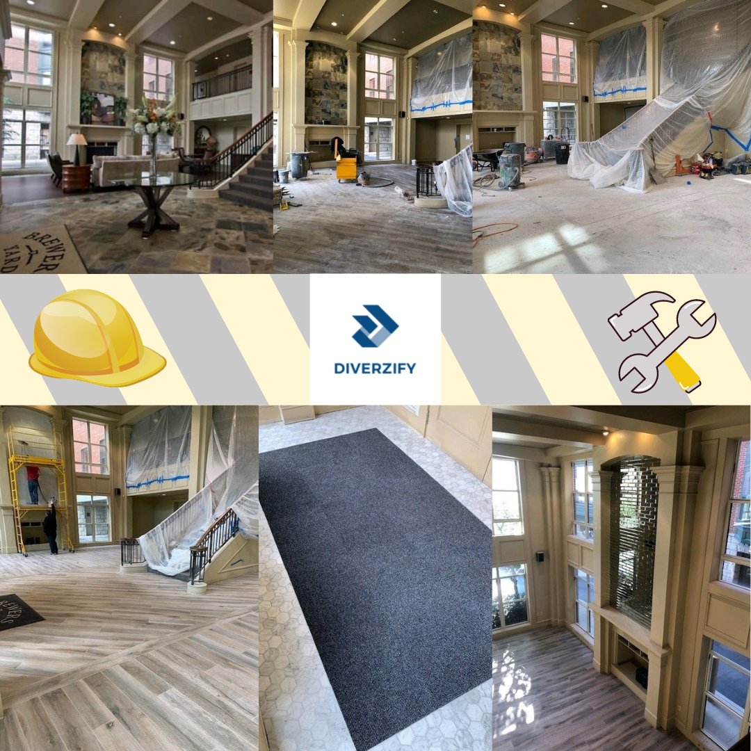 diverzify's tweet photo. A refresh changes everything!
We installed updates to this apartment #clubhouse with @crossvilleinc #woodplank #ceramictile in the main area, @AbolosTile #reflectivetile on the wall, and capped it off with @PatcraftFloors walk off #carpettiles set in #marble hexagon #mosaics! https://t.co/I5BDpNkjNd