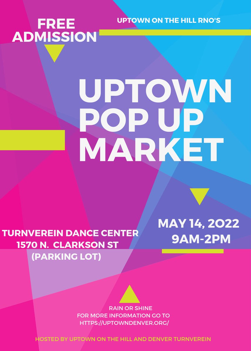 ColfaxAveDen's tweet photo. This Saturday! Uptown Pop-up Market hosted by @UptownDen and @DenverTurnDance. The market will take place in the Turnverein's parking lot from 9am-2pm and host a variety of local vendors. https://t.co/0kh5iNCW4T