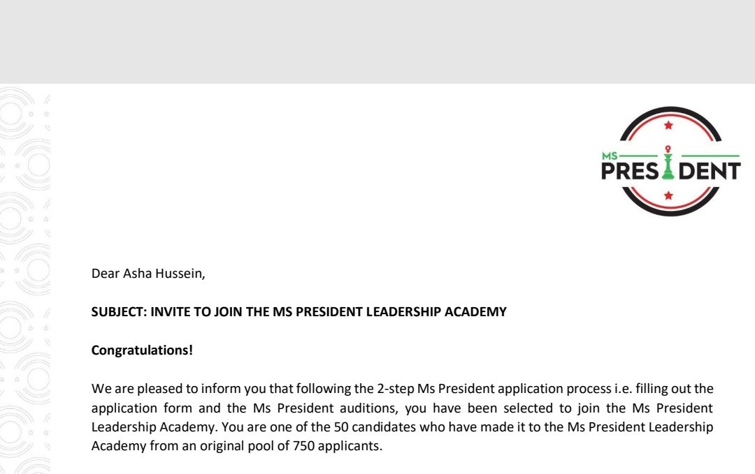 RobaAisha's tweet photo. Thank you @Media_Focus.
Glad to have been among the fifty selected individuals to be part of the miss president leadership  academy out of 750 who participated. I am ready for this because I believe I have all it takes to lead. 
@msaladus @Mrobkoto @missyHaroona @nadia_abdalla_ https://t.co/5G6oKoAtIR