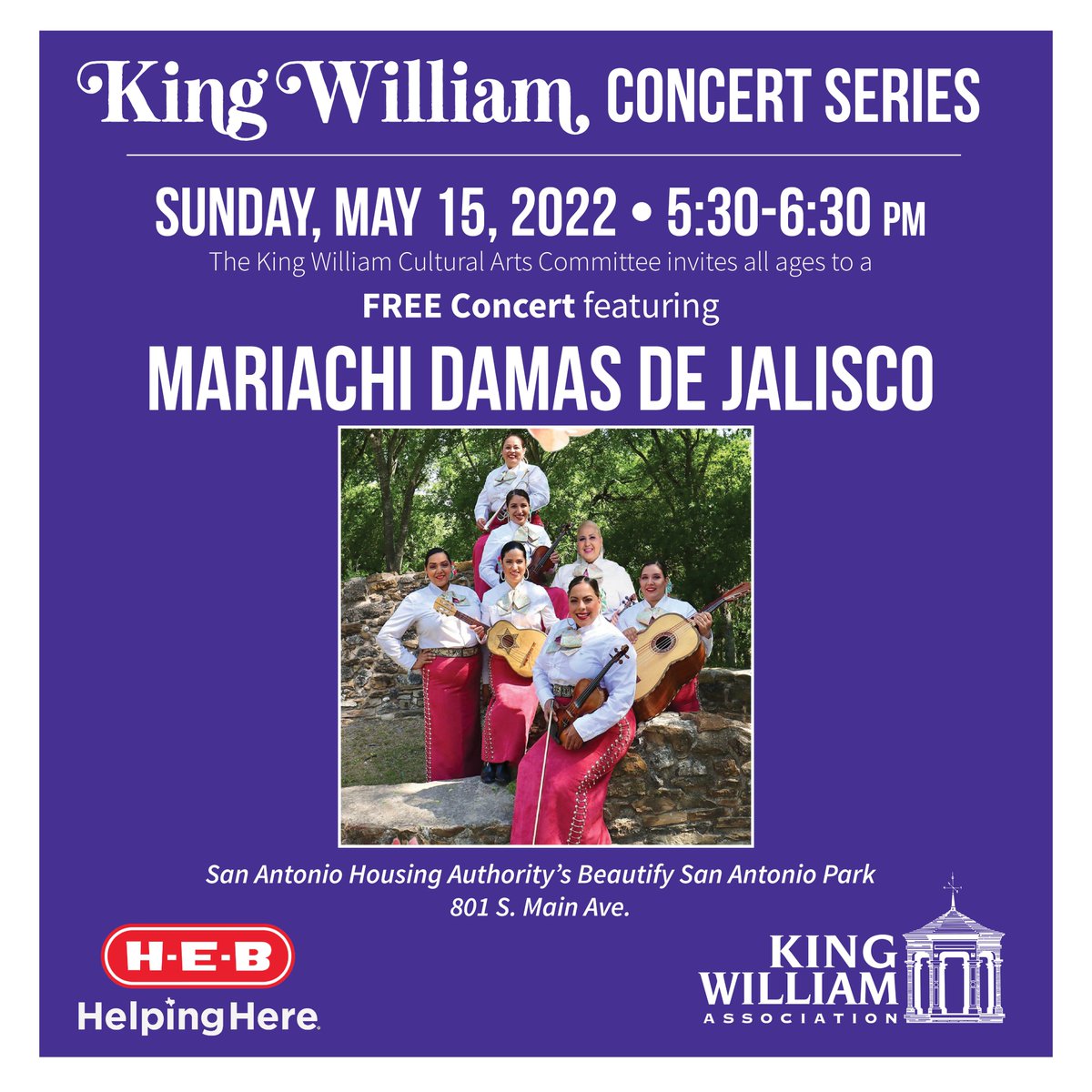Concert Alert!!! Join us for Mariachi Damas de Jalisco's sixth live Concert in the Park on Sunday, May 15, 2022 from 5:30-6:30 p.m. at San Antonio Housing Authority’s Beautify San Antonio Park (SAHA) 801 S Main Ave. 

<a href="/damasdejalisco/">Mariachi Damas De Jalisco</a>
 #kingwilliamculturalartsdistrict #heb