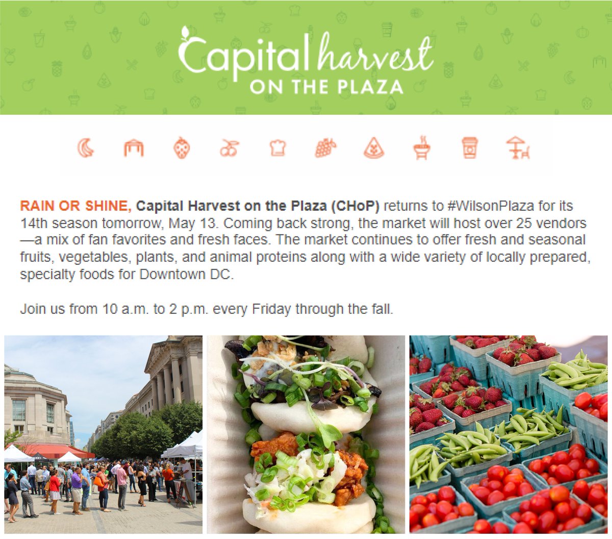 We’re excited for our first CHoP of 2022 at the #WilsonPlaza tomorrow! Our weekly newsletter just dropped today. Sign-up for the weekly list of participating vendors, recipes from @reaganitcdc culinary team, and tips for what produce are in season. conta.cc/3wrEj0S
