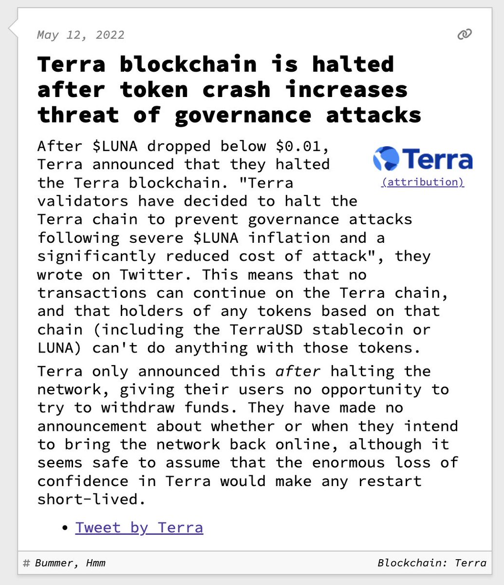 Terra blockchain is halted after token crash increases threat of governance attacks

May 12, 2022
web3isgoinggreat.com/?id=terra-bloc…