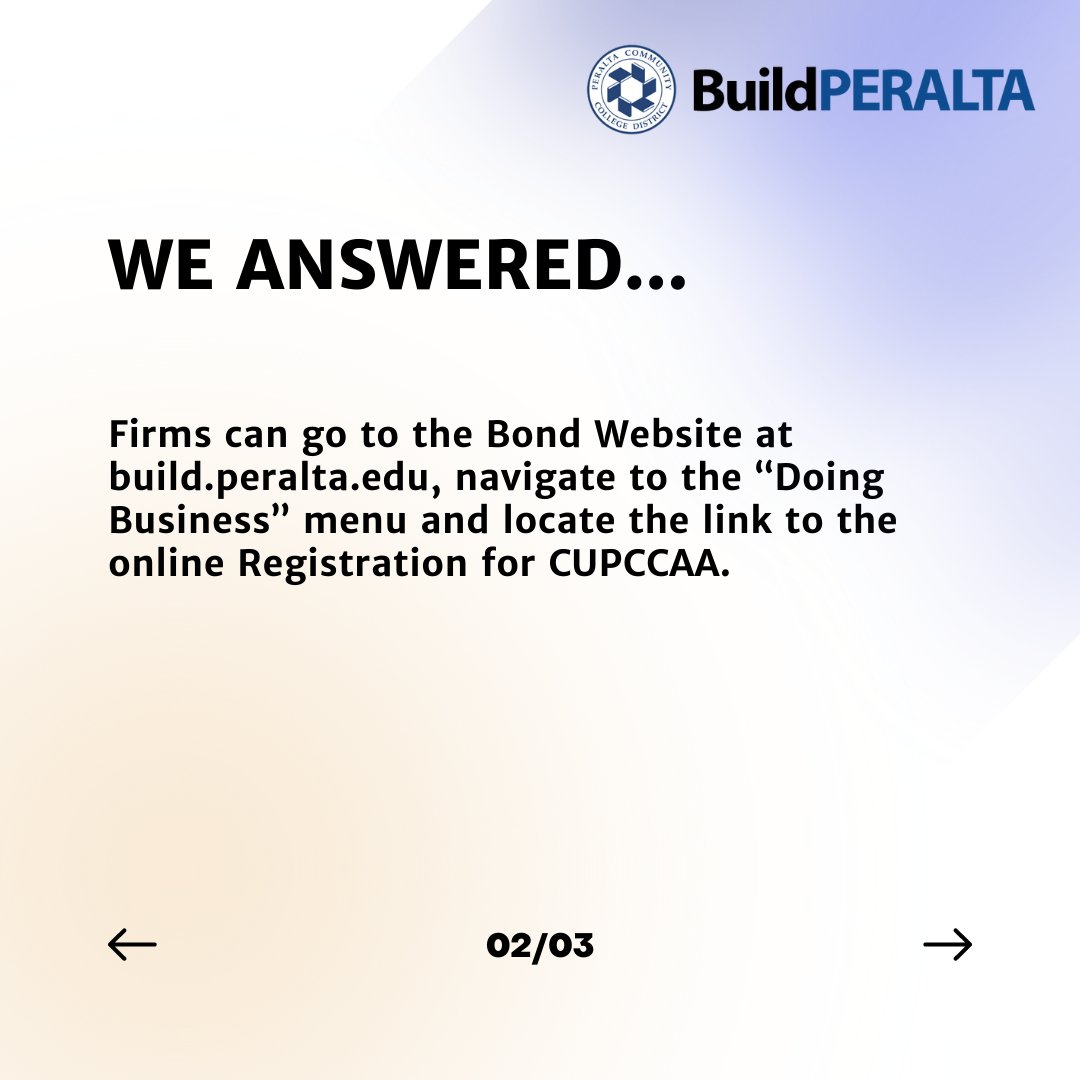 BuildPeralta's tweet photo. 💬  You Asked ◉ We Answered... 
☑️ Question: How can a firm register for CUPCCAA?

Firms can visit the https://t.co/PrqCtobx8X Bond Program site, navigate to the "Doing Business" menu and locate the link to online CUPCCAA registration. 

#smallbiz #buildperalta https://t.co/7qZpyZIlPM