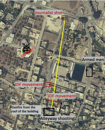 AbuAliEnglishB1's tweet photo. Palestinians documented firing from a rooftop in the direction of journalist Shireen Abu Akleh.

In the 12th second of the video published by Israeli officials, one can clearly see gunfire from the roof of the building... (1/3) https://t.co/XOUPBr4yWw