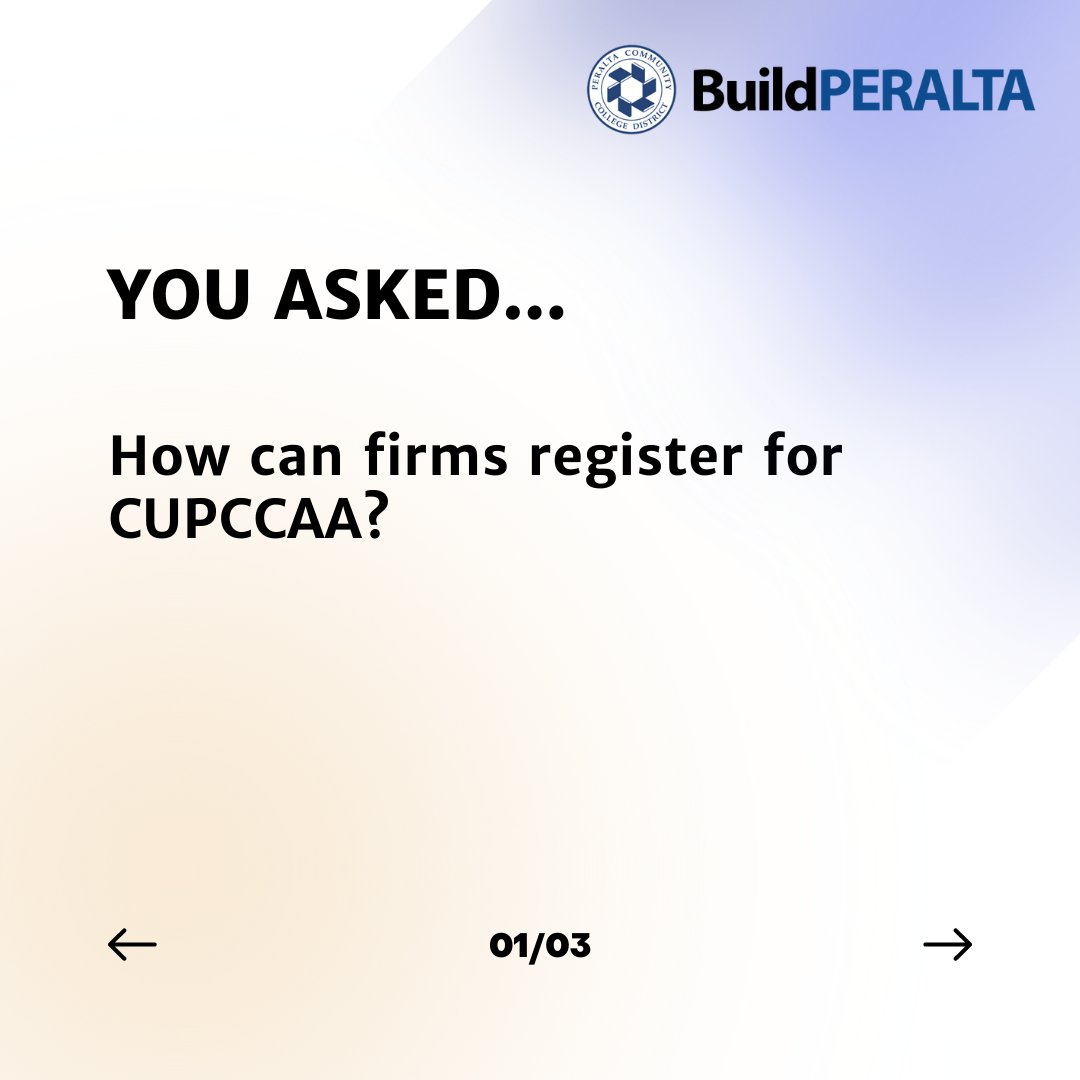 BuildPeralta's tweet photo. 💬  You Asked ◉ We Answered... 
☑️ Question: How can a firm register for CUPCCAA?

Firms can visit the https://t.co/PrqCtobx8X Bond Program site, navigate to the "Doing Business" menu and locate the link to online CUPCCAA registration. 

#smallbiz #buildperalta https://t.co/7qZpyZIlPM