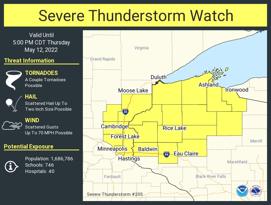 A severe thunderstorm watch has been issued for parts of Minnesota and Wisconsin until 5 PM CDT