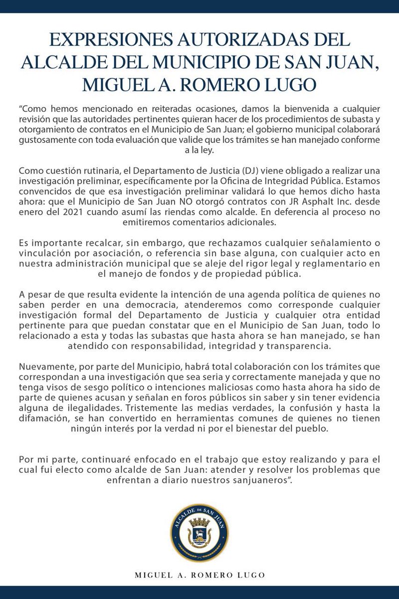 Miguel_Romero_'s tweet image. Expresiones del Alcalde de San Juan Miguel A. Romero Lugo