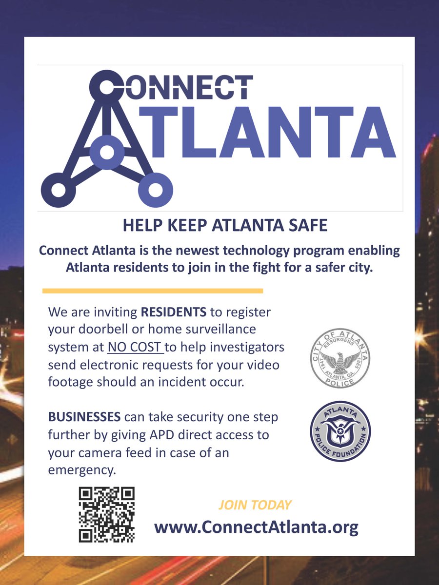 Atlanta_Police's tweet image. Connect Atlanta is APD's newest technological crime-fighting program. We encourage you to get involved &amp;amp; register your security cameras. Your participation will help us better assess &amp;amp; rapidly respond to criminal activity &amp;amp; emergency situations. bit.ly/3GHnC4L #MySafeATL
