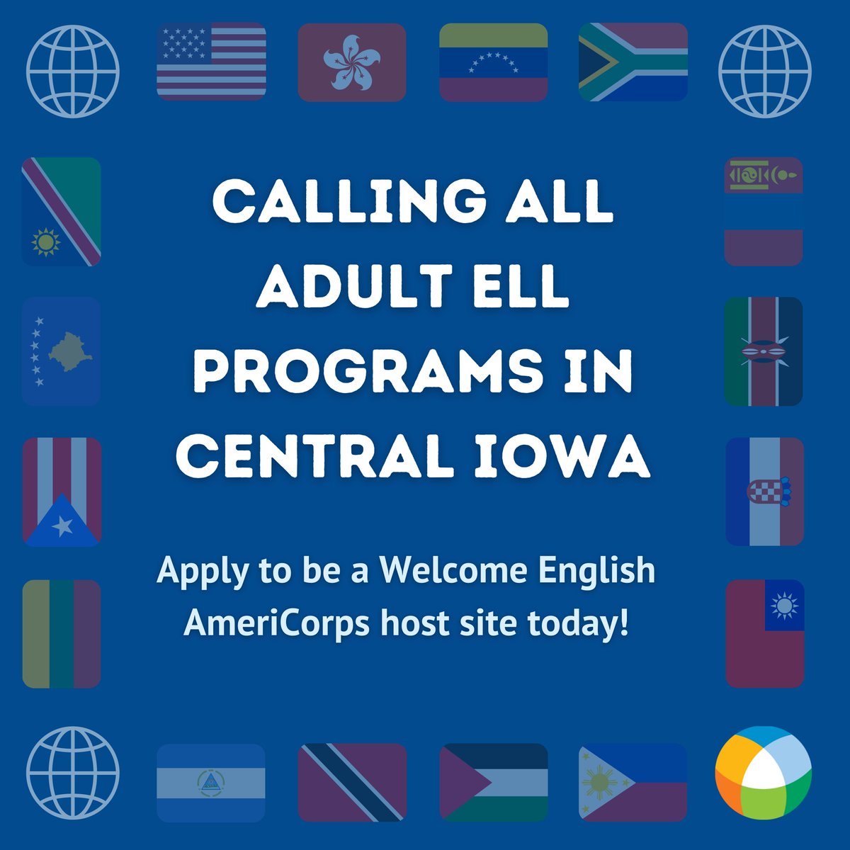 We're still accepting host site applications for Welcome English AmeriCorps! The new program will assist adult ELL classes with program administration, volunteer training, curriculum development and much more.

Apply now at welcomeenglishiowa.org Applications are due May 20.