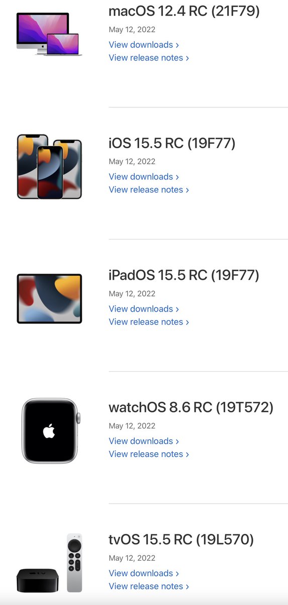 zollotech's tweet image. Along with iOS 15.5 RC, Apple also released

iPadOS 15.5 RC
watchOS 8.6 RC
tvOS 15.5 RC
macOS 12.4 RC