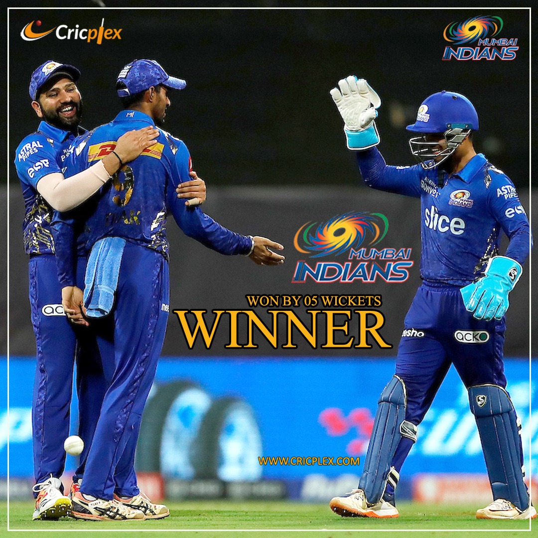 cricplex's tweet photo. #IPL2022 #CSKvsMI #CSKvMI
It's all over!
Mumbai Indians (103/5 in 14.5 overs) beat Chennai Super Kings (97) by 5 wickets
Visit - https://t.co/BkvcXho8Wp
#ipl2022 #tataipl #captain #ipllover #cskvsmi #iplnews #iplfever #ipl #cricket #csricketlover #cricketnews #CricPlex https://t.co/weqROoB5nl