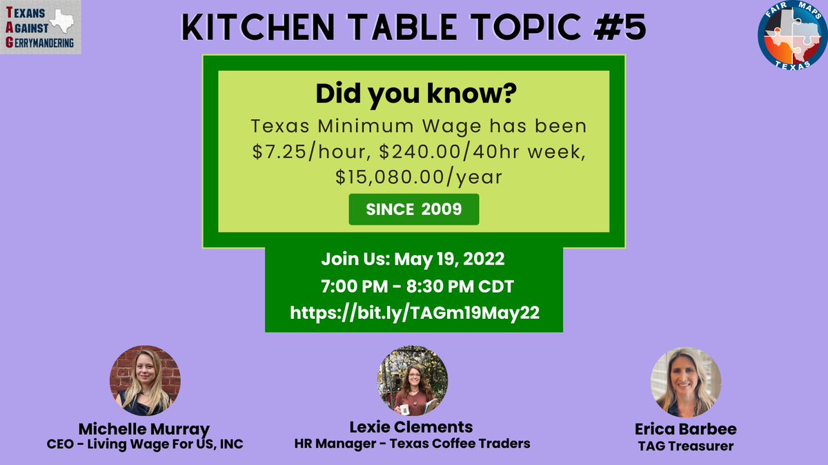 TexansGerry's tweet photo. Join @TexansGerry, @FairMapsTexas,@LW4US and @howyoubean
for the 5th #KitchenTableTopicsandMaps focusing on the unfairness of the minimum wage and what providing a living wage might look like. #LW4US Register: https://t.co/X8E7IHxaYY
Toolkit: https://t.co/4fZr4GNubQ https://t.co/kGqjnhAwQ3