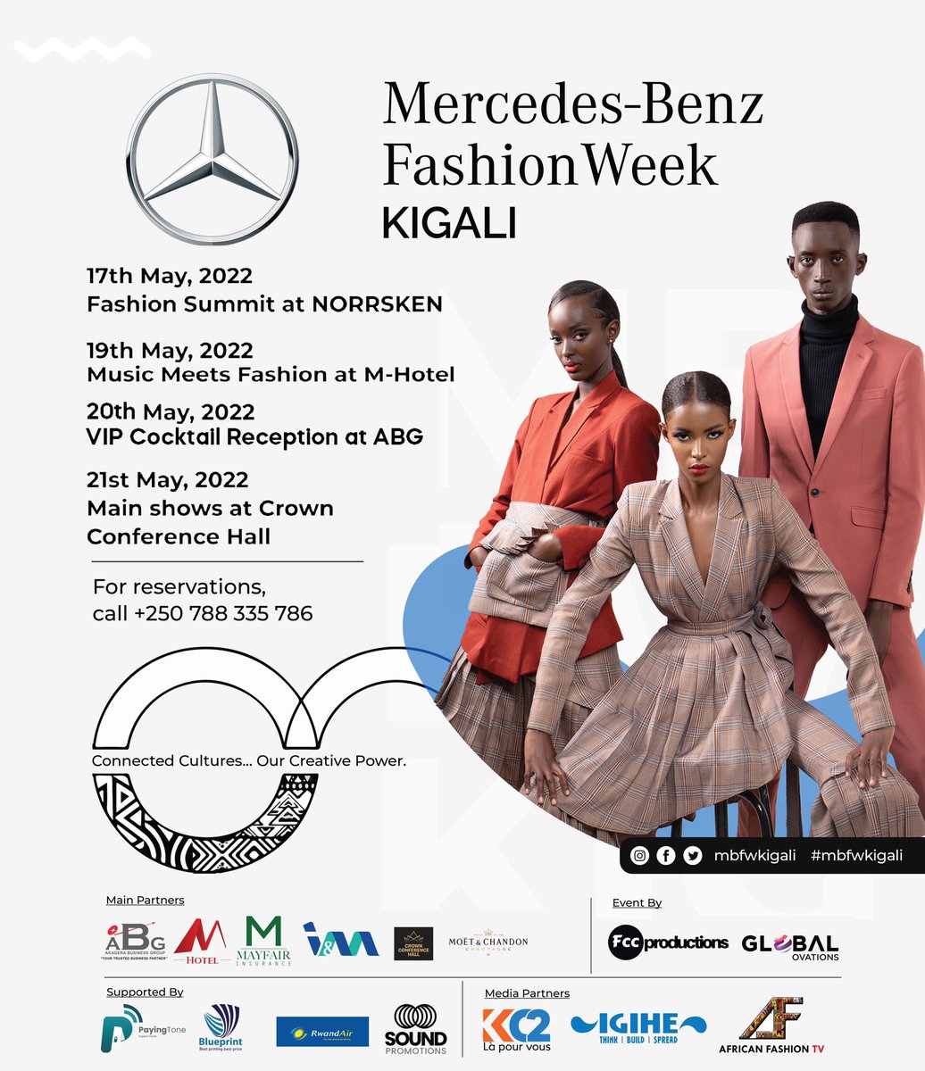 The long awaited Mercedes-Benz FashionWeek Kigali 2022 <a href="/mbfwkigali/">Mercedes-Benz Fashion Week Kigali</a> will be running This May 16-21

Proudly supported by <a href="/ABGAfrica/">AkageraBusinessGroup</a> @mhotel <a href="/imbankrw/">I&M Bank (Rwanda) Plc.</a> @MayfairInsCoLTD <a href="/Crownconferenc1/">Crownconferencehall</a> @moëtandchandon <a href="/payingtone/">PayingTone</a>  <a href="/FlyRwandAir/">RwandAir</a> <a href="/EventsRwanda/">Sound Promotions</a> 

Media <a href="/KC2_RW/">Kigali Channel 2(KC2)</a> <a href="/IGIHE/">IGIHE</a> <a href="/AfricanFashuntv/">AfricanFashionTv</a>