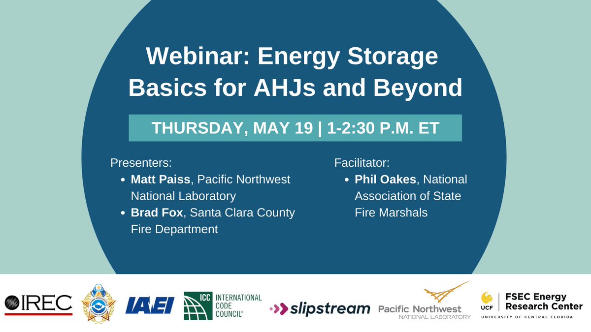 IRECUSA's tweet photo. What do #AHJs need to know to approve residential &amp; small commercial #energystorage systems? What are some of the key items that hold up approvals? Where can you find training? Join us on May 19 to hear from @PNNLab, @sccfirefighters, and @NAofSFMon: https://t.co/7aZQ5Y03AI! https://t.co/2weeDJ4mi6