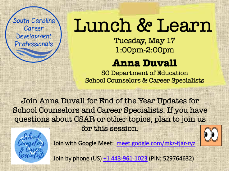 thesccdp's tweet photo. Join us next Tuesday, May 17 at 1:00pm for a Lunch &amp; Learn about the CSAR with Anna Duvall from the SC Department of Education. Google Meet link: https://t.co/cTCkqRVzQK https://t.co/zb3jokgF8e