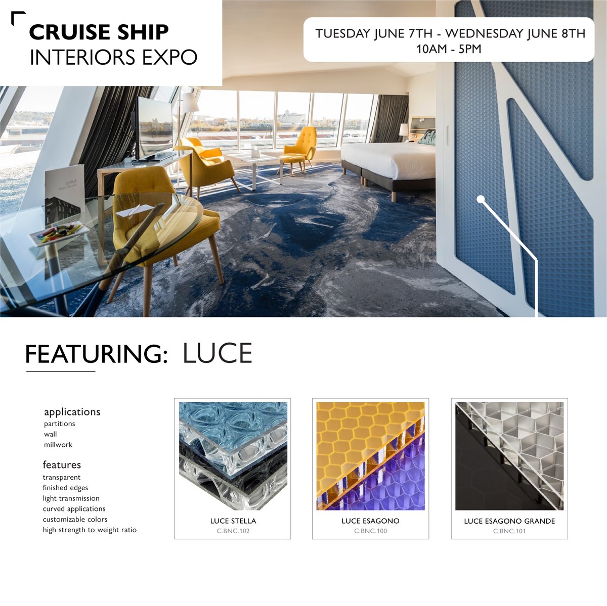 materialsinc's tweet photo. Cruise Ship Interiors Expo 2022! Come see us June 7th - 8th in Miami!
Featuring Luce composite panels.

#design #cruiseship #cruiseshipinteriorsexpo #expo #tradeshow #show #interiors #materials https://t.co/QJt2yJbAhk