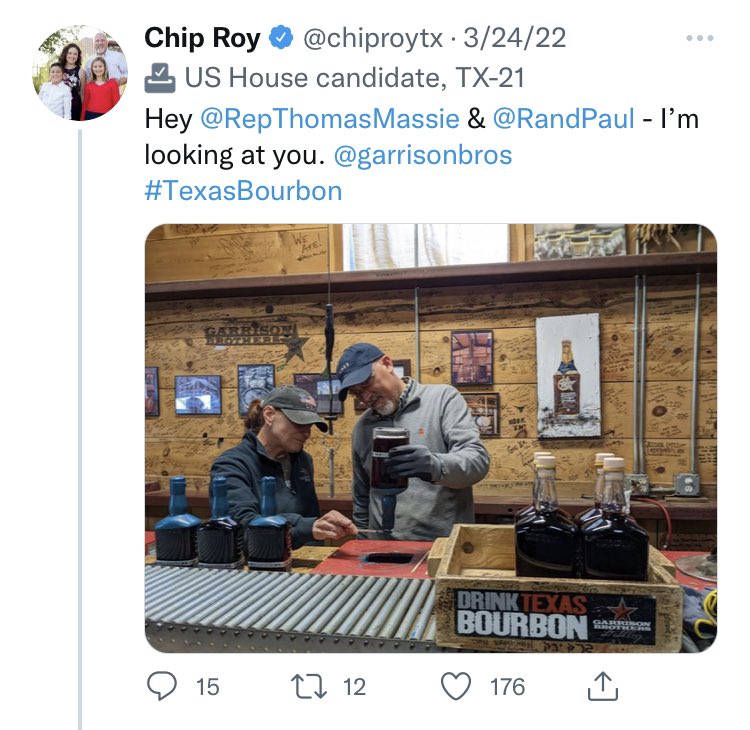 RepThomasMassie's tweet photo. .@RepChipRoy claims he doesn’t know who defaced my car with a Texas-bourbon (oxymoron) bumper sticker. Yet he was spotted a few weeks ago at said distillery. Next tweet in this thread contains actual footage of Chip applying the bumper sticker. https://t.co/rxOebH7lR7