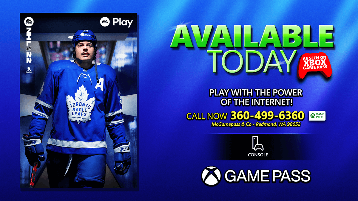 NHL 22 is available today with Xbox Game Pass. Text reads: "PLAY WITH THE POWER OF THE INTERNET"