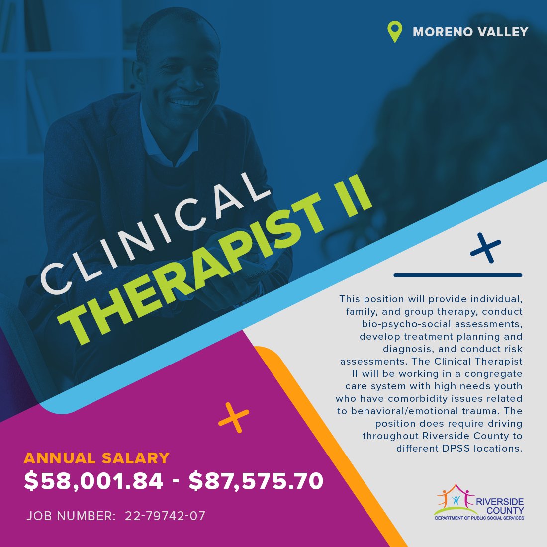 Check out this @rivcodpss opportunity to join as a Clinical Therapist II. 

We have 2 positions to be filled, located in Moreno Valley. The Annual Salary range is $58,001.84 to $87,575.70 and does require driving throughout Riverside County. 

Learn more rc-hr.com/jobs